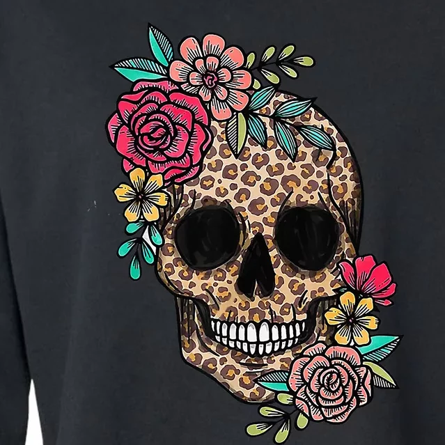 Loves Skull Flower Leopard Cheetah Skull Cropped Pullover Crew