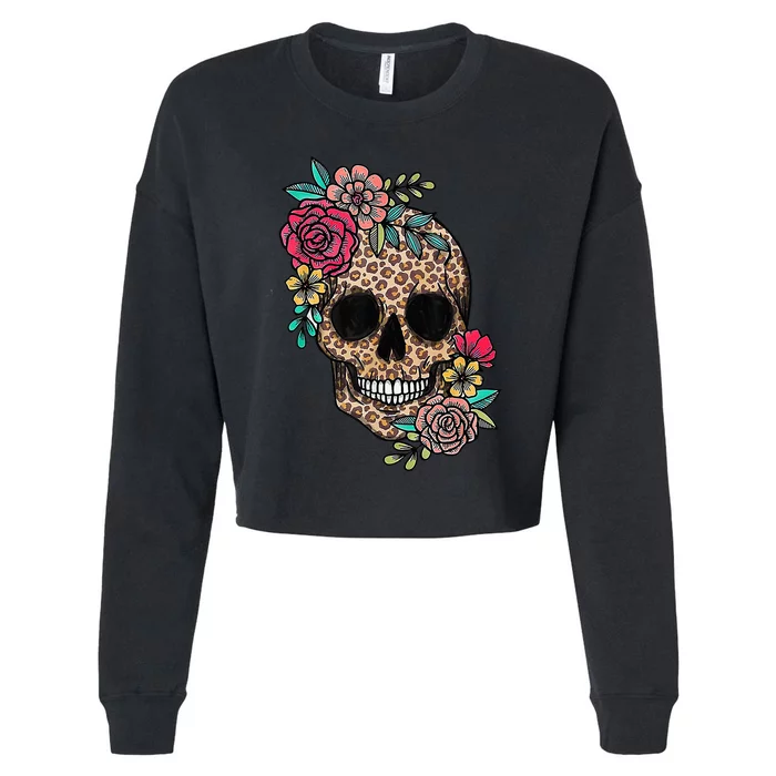 Loves Skull Flower Leopard Cheetah Skull Cropped Pullover Crew