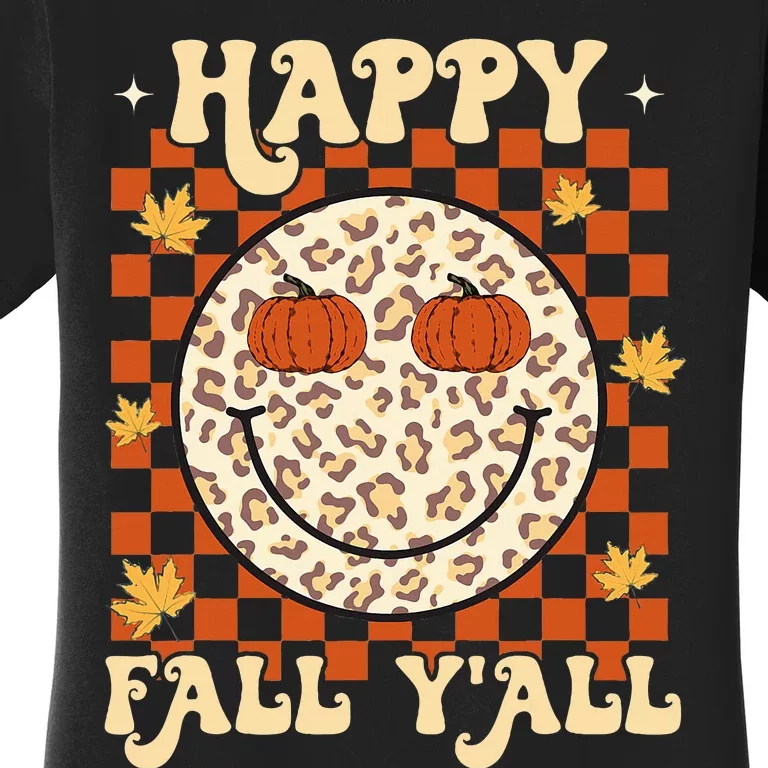 Leopard Smile Face Happy Fall Yall Retro Groovy Autumn Women's T-Shirt