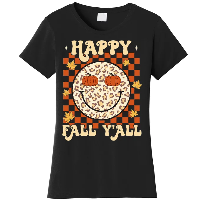 Leopard Smile Face Happy Fall Yall Retro Groovy Autumn Women's T-Shirt