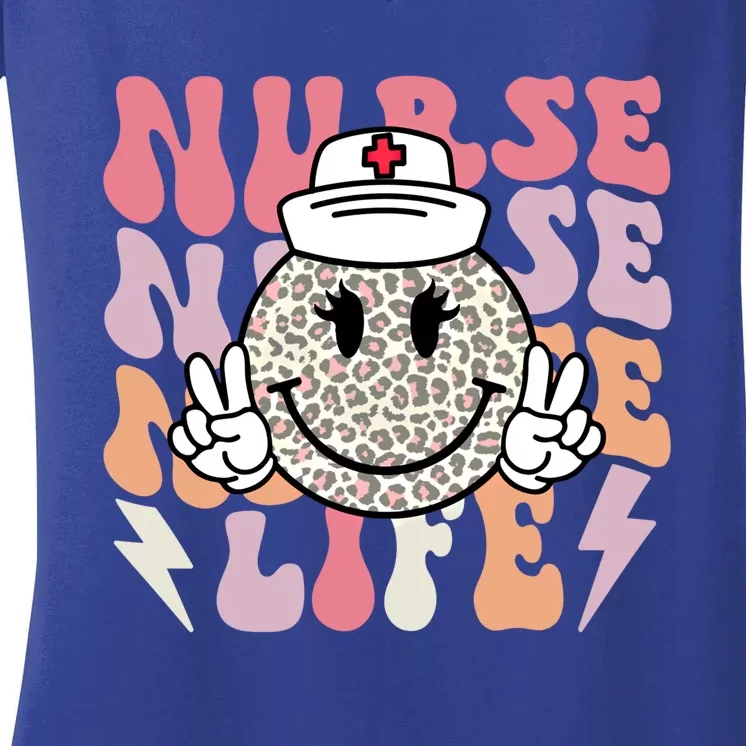 Leopard Smile Face Rn Nurse Life Nursing School Nurse Week Gift Women's V-Neck T-Shirt