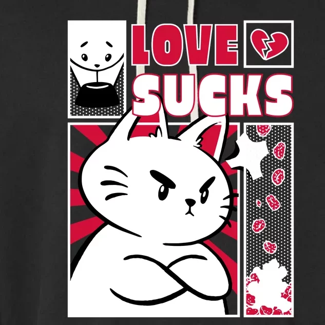 Love Sucks Funny Valentine's Day Angry Cat Meow Garment-Dyed Fleece Hoodie