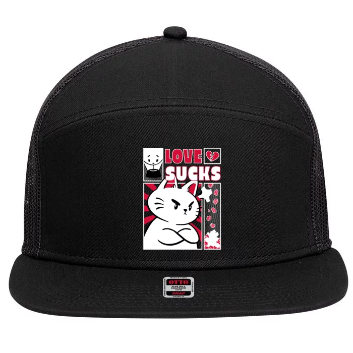 Love Sucks Funny Valentine's Day Angry Cat Meow 7 Panel Mesh Trucker Snapback Hat