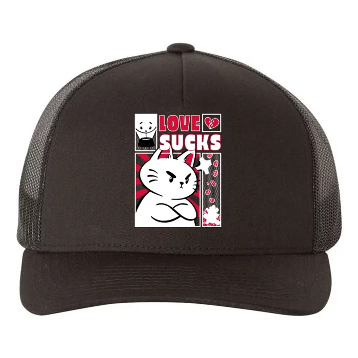 Love Sucks Funny Valentine's Day Angry Cat Meow Yupoong Adult 5-Panel Trucker Hat