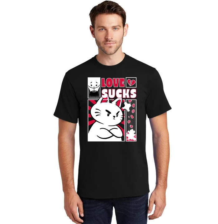 Love Sucks Funny Valentine's Day Angry Cat Meow Tall T-Shirt