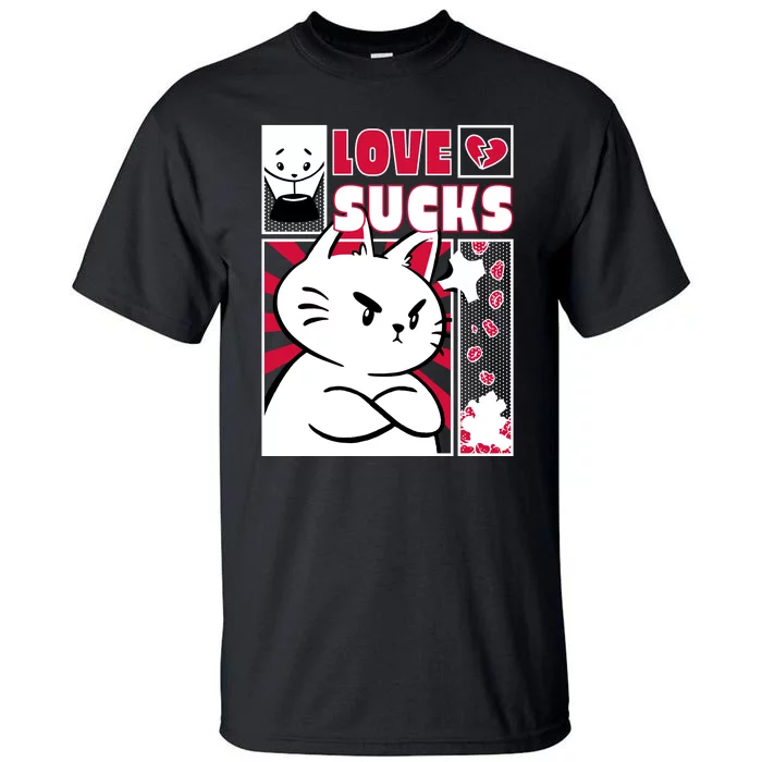 Love Sucks Funny Valentine's Day Angry Cat Meow Tall T-Shirt