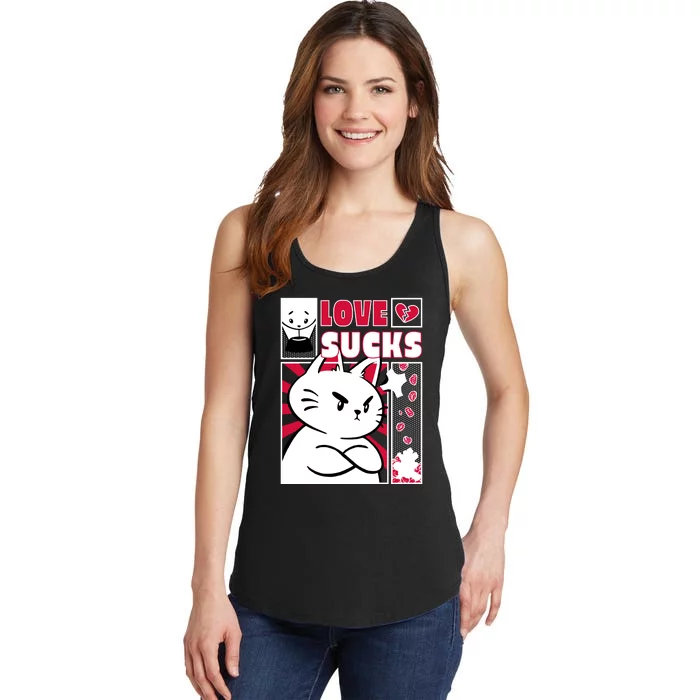 Love Sucks Funny Valentine's Day Angry Cat Meow Ladies Essential Tank