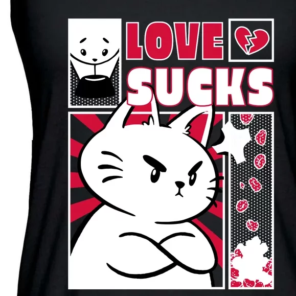 Love Sucks Funny Valentine's Day Angry Cat Meow Ladies Essential Flowy Tank