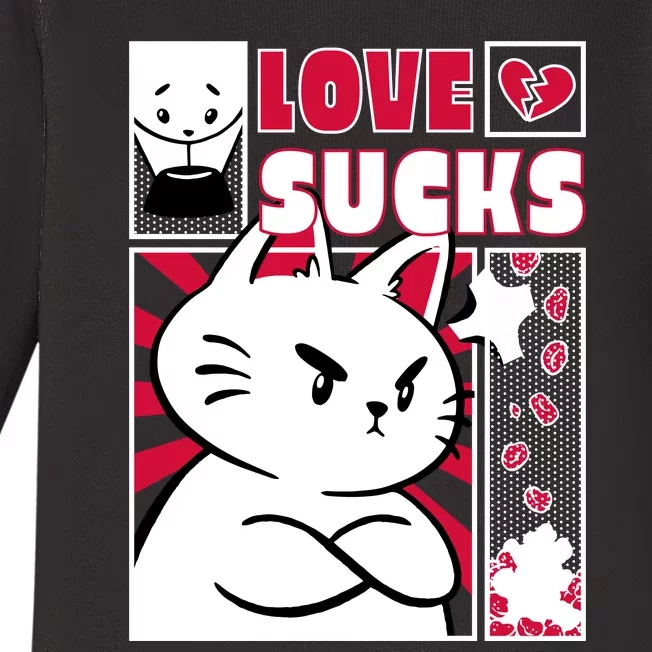 Love Sucks Funny Valentine's Day Angry Cat Meow Baby Long Sleeve Bodysuit