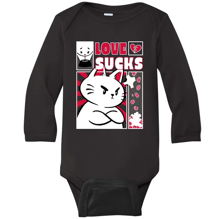 Love Sucks Funny Valentine's Day Angry Cat Meow Baby Long Sleeve Bodysuit