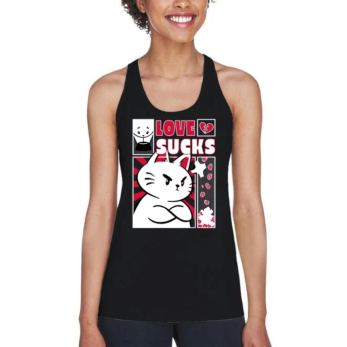 Love Sucks Funny Valentine's Day Angry Cat Meow Women's Racerback Tank