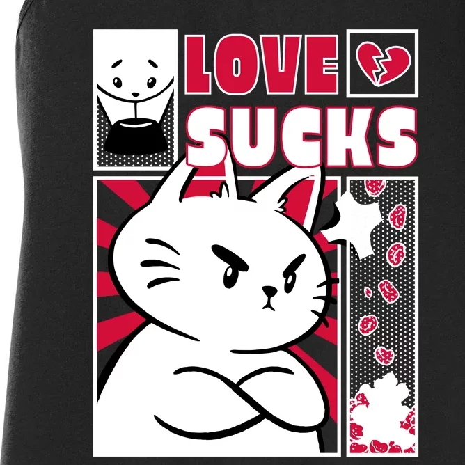 Love Sucks Funny Valentine's Day Angry Cat Meow Women's Racerback Tank