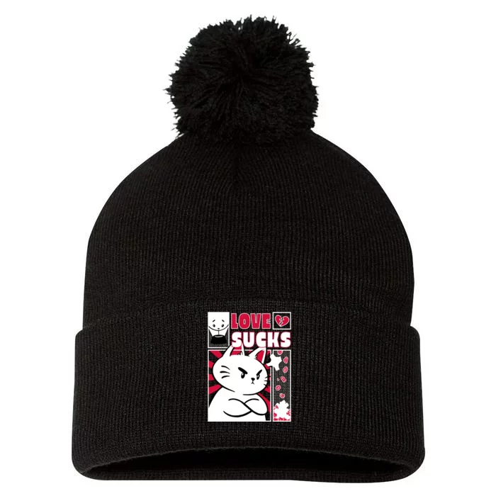 Love Sucks Funny Valentine's Day Angry Cat Meow Pom Pom 12in Knit Beanie