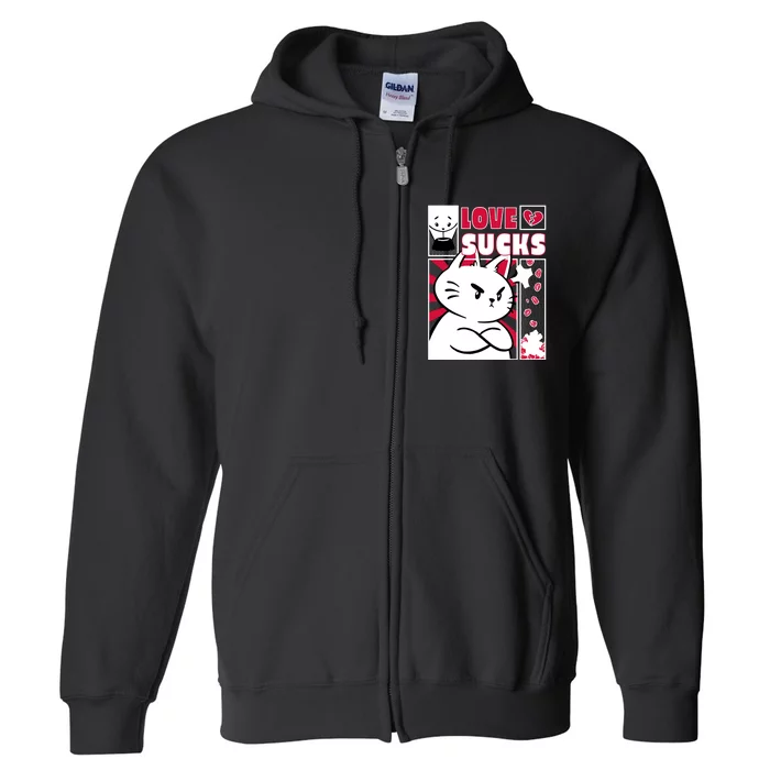 Love Sucks Funny Valentine's Day Angry Cat Meow Full Zip Hoodie