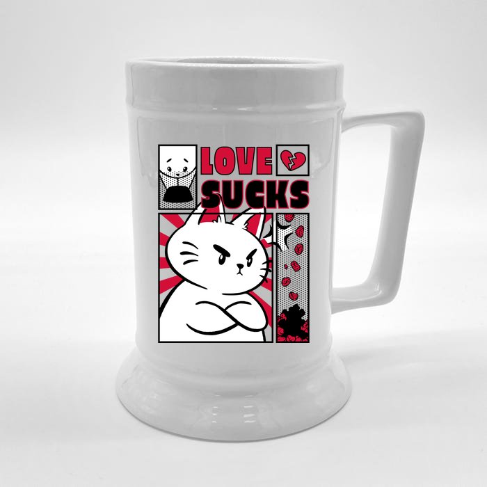 Love Sucks Funny Valentine's Day Angry Cat Meow Front & Back Beer Stein