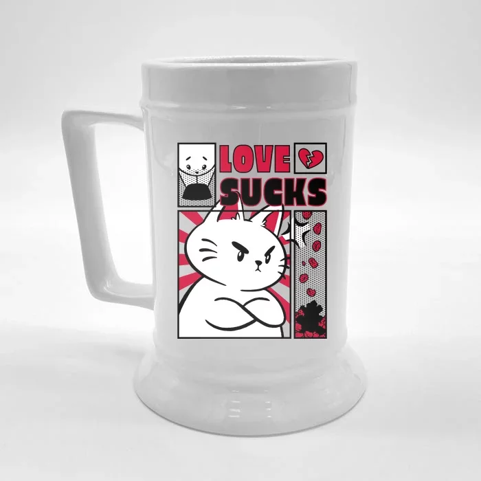 Love Sucks Funny Valentine's Day Angry Cat Meow Front & Back Beer Stein