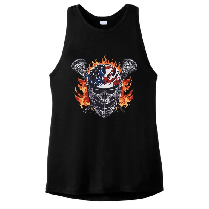 Lacrosse Skull Flames Ladies Tri-Blend Wicking Tank