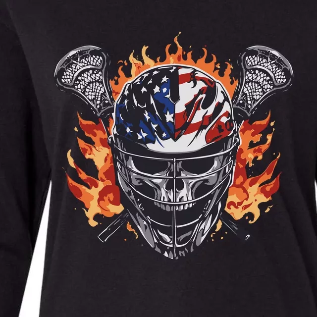 Lacrosse Skull Flames Womens Cotton Relaxed Long Sleeve T-Shirt