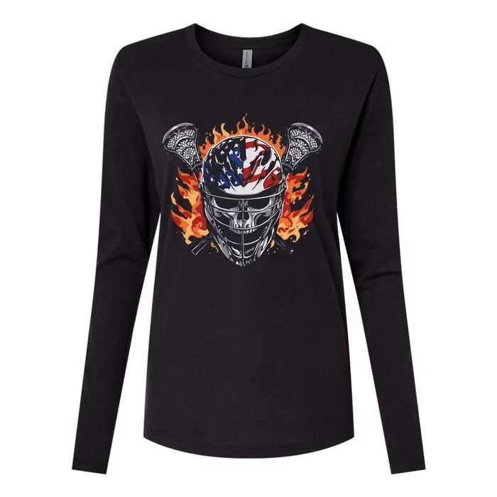 Lacrosse Skull Flames Womens Cotton Relaxed Long Sleeve T-Shirt