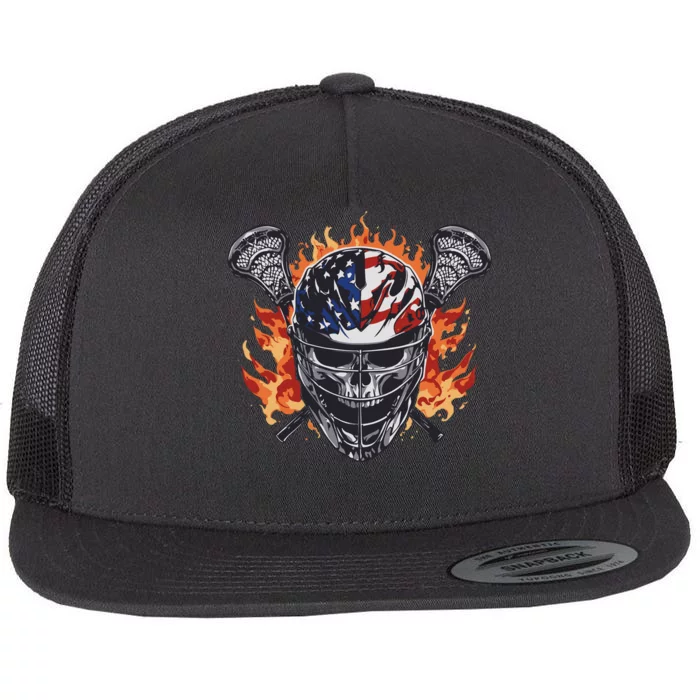 Lacrosse Skull Flames Flat Bill Trucker Hat