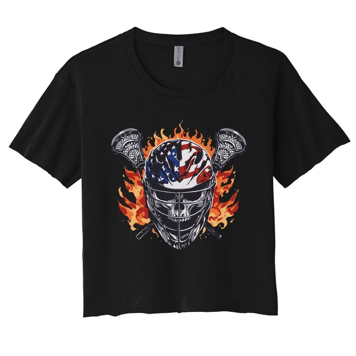 Lacrosse Skull Flames Women's Crop Top Tee