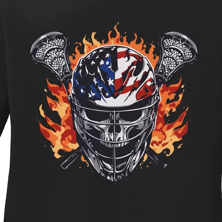 Lacrosse Skull Flames Ladies Long Sleeve Shirt