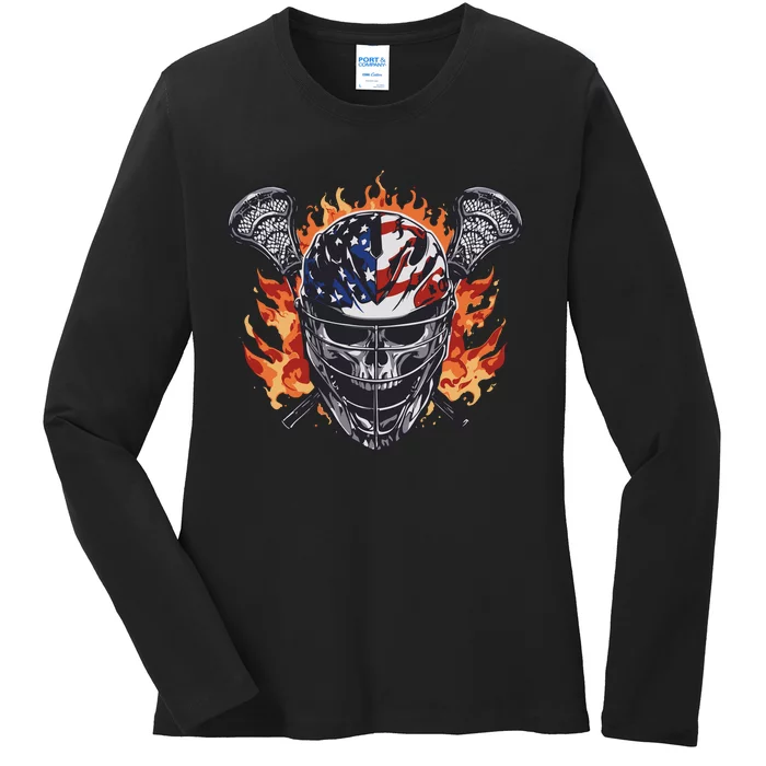 Lacrosse Skull Flames Ladies Long Sleeve Shirt