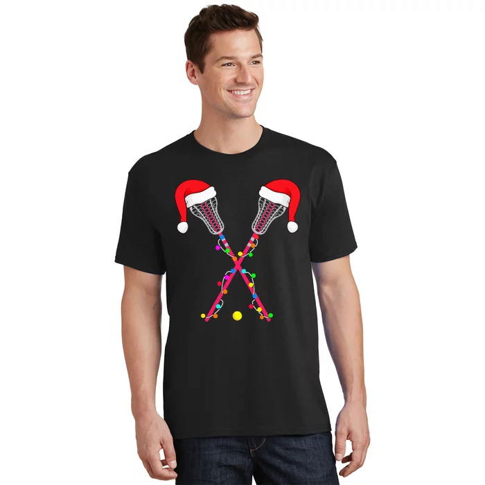 Lacrosse Santa Hat Christmas Lights Funny Sport Xmas T-Shirt