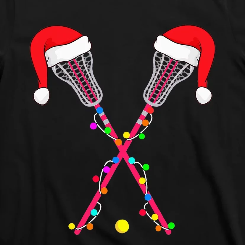 Lacrosse Santa Hat Christmas Lights Funny Sport Xmas T-Shirt