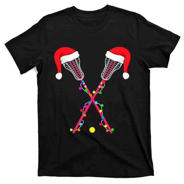 Lacrosse Santa Hat Christmas Lights Funny Sport Xmas T-Shirt