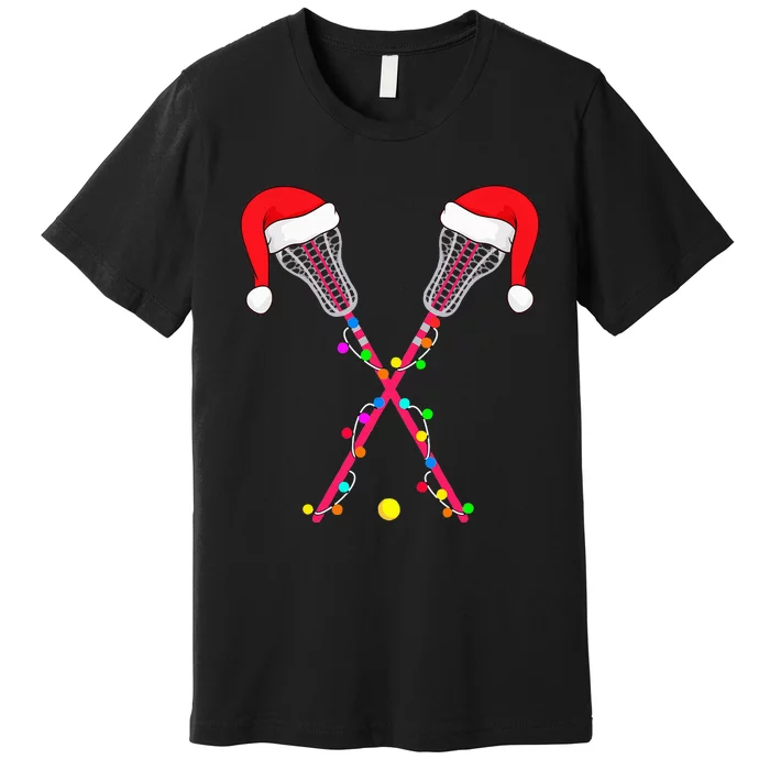 Lacrosse Santa Hat Christmas Lights Funny Sport Xmas Premium T-Shirt