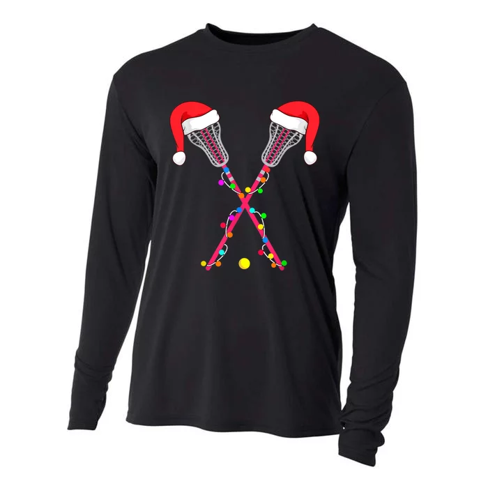 Lacrosse Santa Hat Christmas Lights Funny Sport Xmas Boys TShirt Cooling Performance Long Sleeve Crew