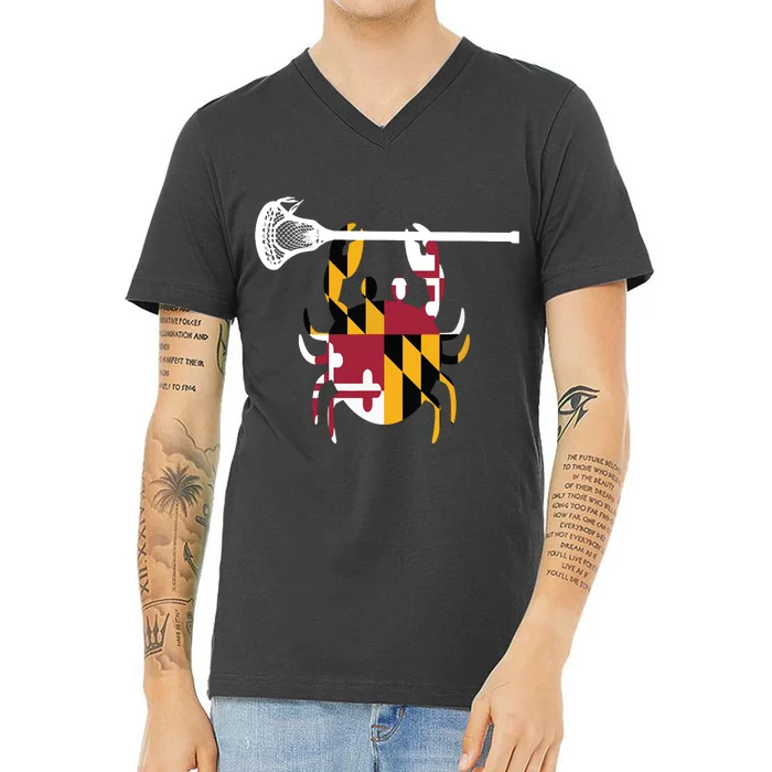 Lacrosse Shirts Helmet Sticks LAX Maryland Flag Gift V-Neck T-Shirt