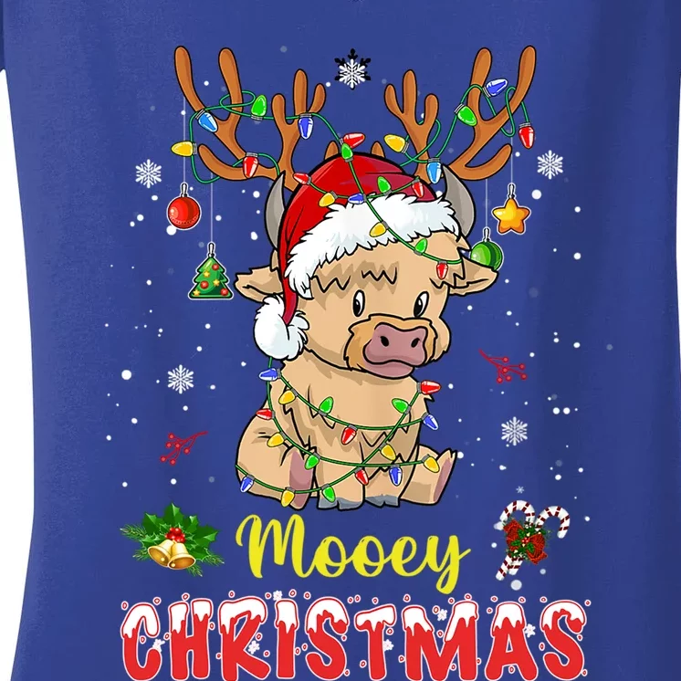 Light Santa Hat Mooey Christmas Gift Highland Cow Xmas Gift Women's V-Neck T-Shirt