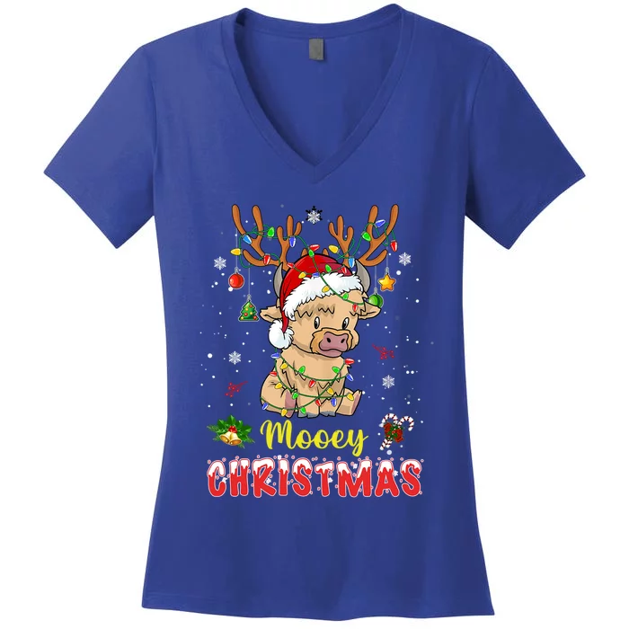 Light Santa Hat Mooey Christmas Gift Highland Cow Xmas Gift Women's V-Neck T-Shirt