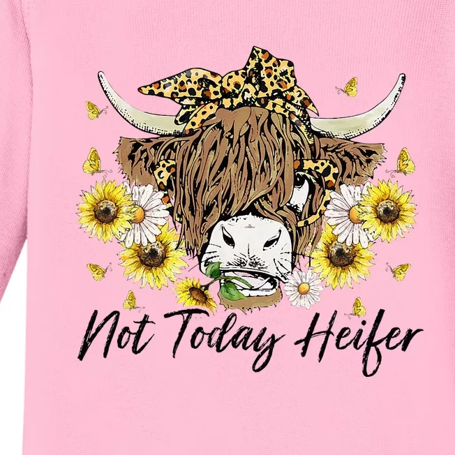 Leopard Sunflower Highland Cow Not Today Heifer Western Baby Long Sleeve Bodysuit