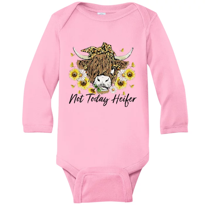 Leopard Sunflower Highland Cow Not Today Heifer Western Baby Long Sleeve Bodysuit