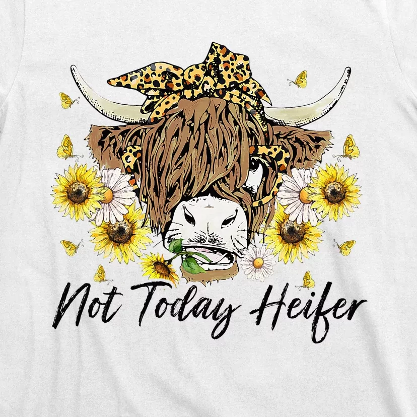 Leopard Sunflower Highland Cow Not Today Heifer Western T-Shirt