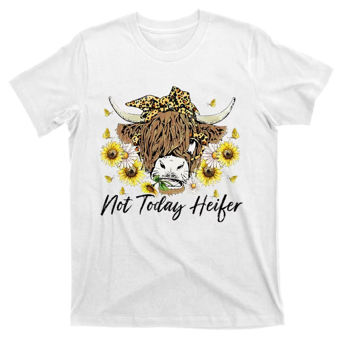 Leopard Sunflower Highland Cow Not Today Heifer Western T-Shirt