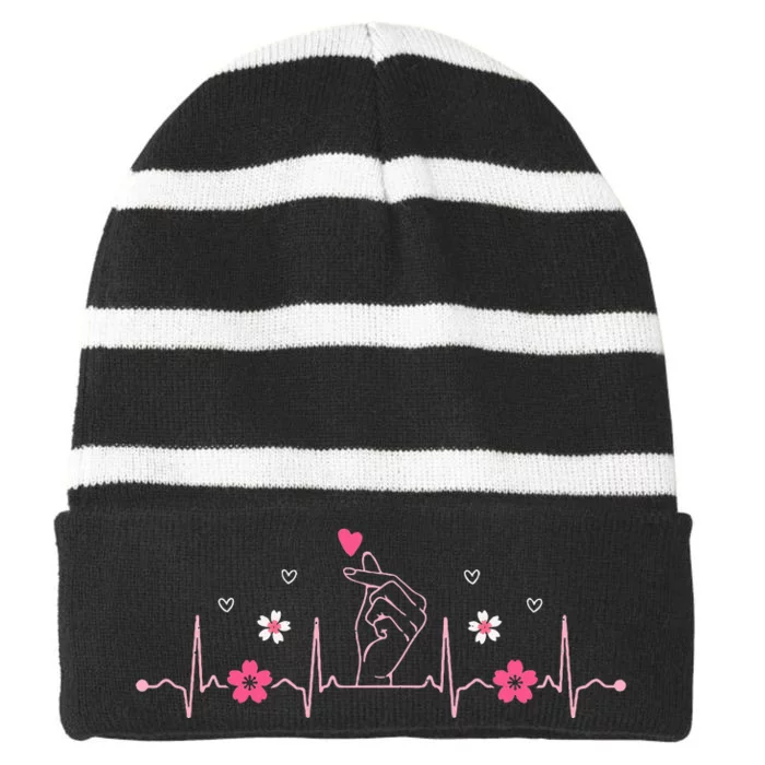 Love Sign Korean Heart Finger Heart Korea Striped Beanie with Solid Band