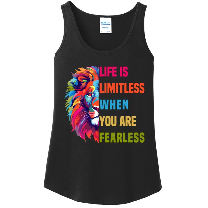 Leo Season Lion Motivational Inspirational Life Is Limitless Fearless Ladies Essential Tank