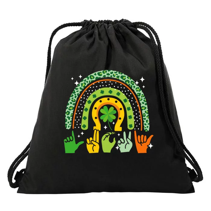 Lucky Sign Language Deaf St PatrickS Day Irish Asl Rainbow Drawstring Bag