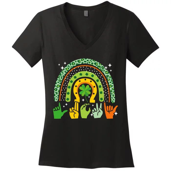 Lucky Sign Language Deaf St PatrickS Day Irish Asl Rainbow Women's V-Neck T-Shirt