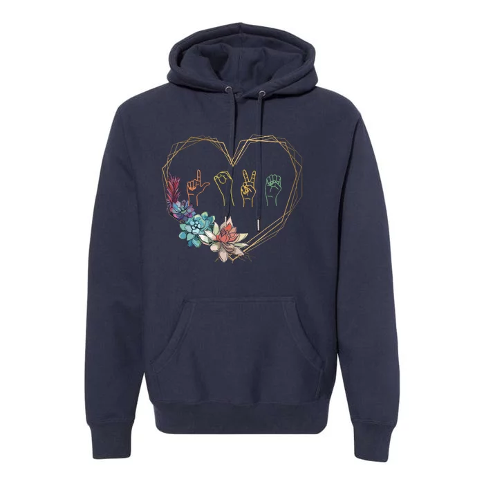 Love Sign Language Floral Heart ASL Valentines Day Gift Premium Hoodie