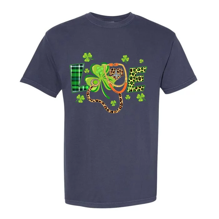 Love Stethoscope Leopard Nurse St Patricks Day Shamrock Gift Garment-Dyed Heavyweight T-Shirt