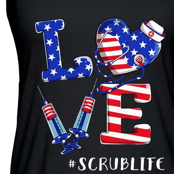 Love Scrub Life Nurse 4th Of July American Flag Patriotic Ladies Essential Flowy Tank