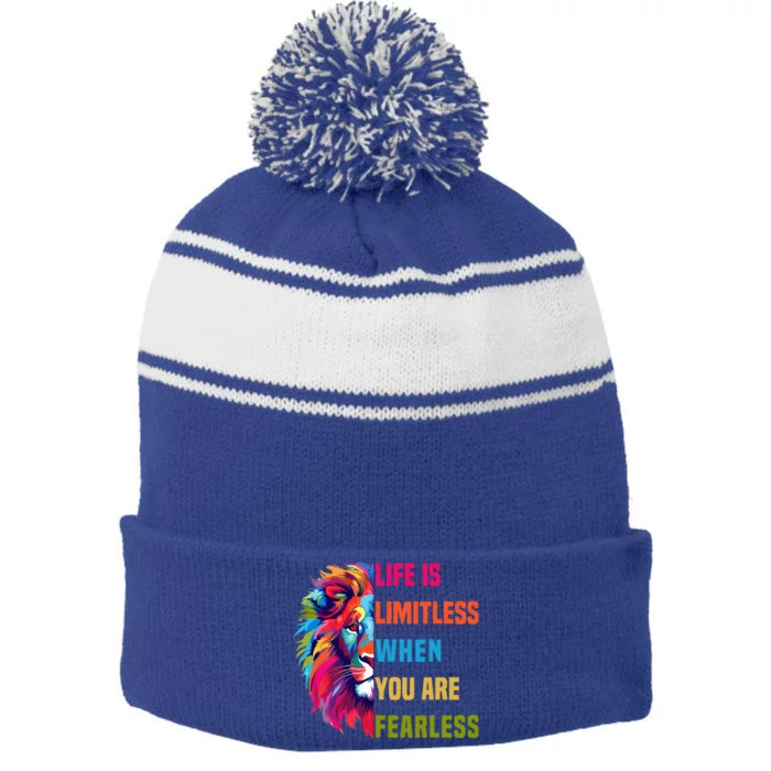 Leo Season Lion Motivational Inspirational Stripe Pom Pom Beanie