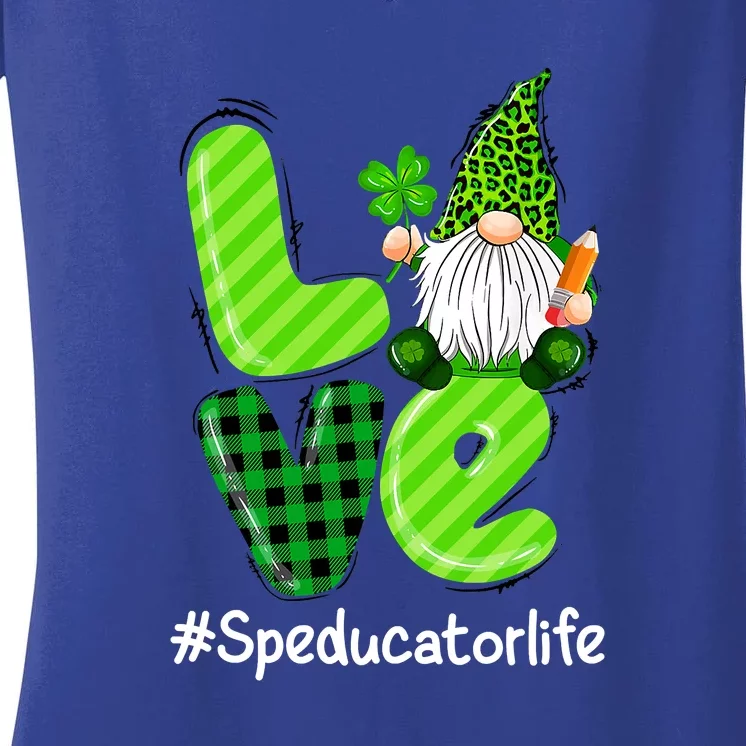 LOVE Speducator Life Gnome Leopard Shamrock St Patrick's Day Women's V-Neck T-Shirt