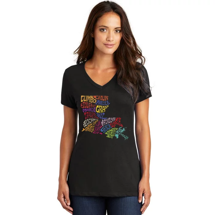 Louisiana State Map Mardi Gras Creole Cajun Culture Women's V-Neck T-Shirt