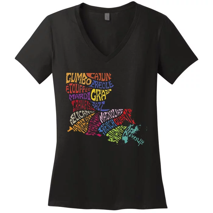 Louisiana State Map Mardi Gras Creole Cajun Culture Women's V-Neck T-Shirt